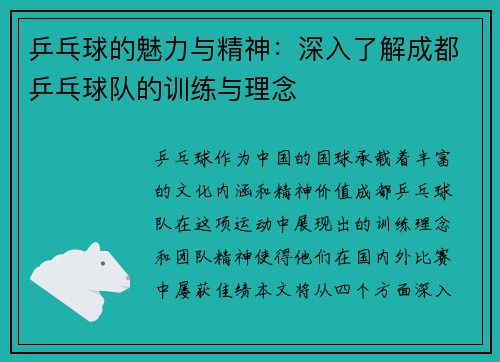乒乓球的魅力与精神：深入了解成都乒乓球队的训练与理念
